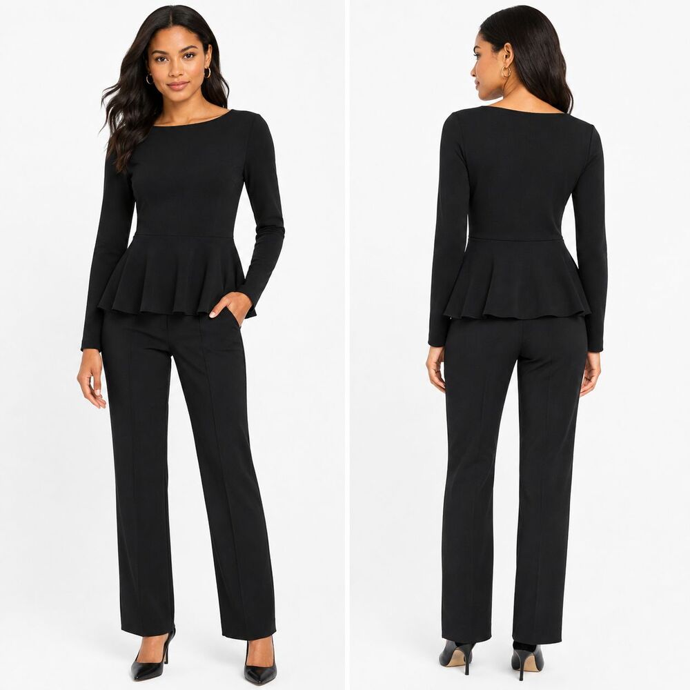 Jason Wu Black Peplum Ponte Knit Top Long Sleeve Stretch Blouse Women's M New